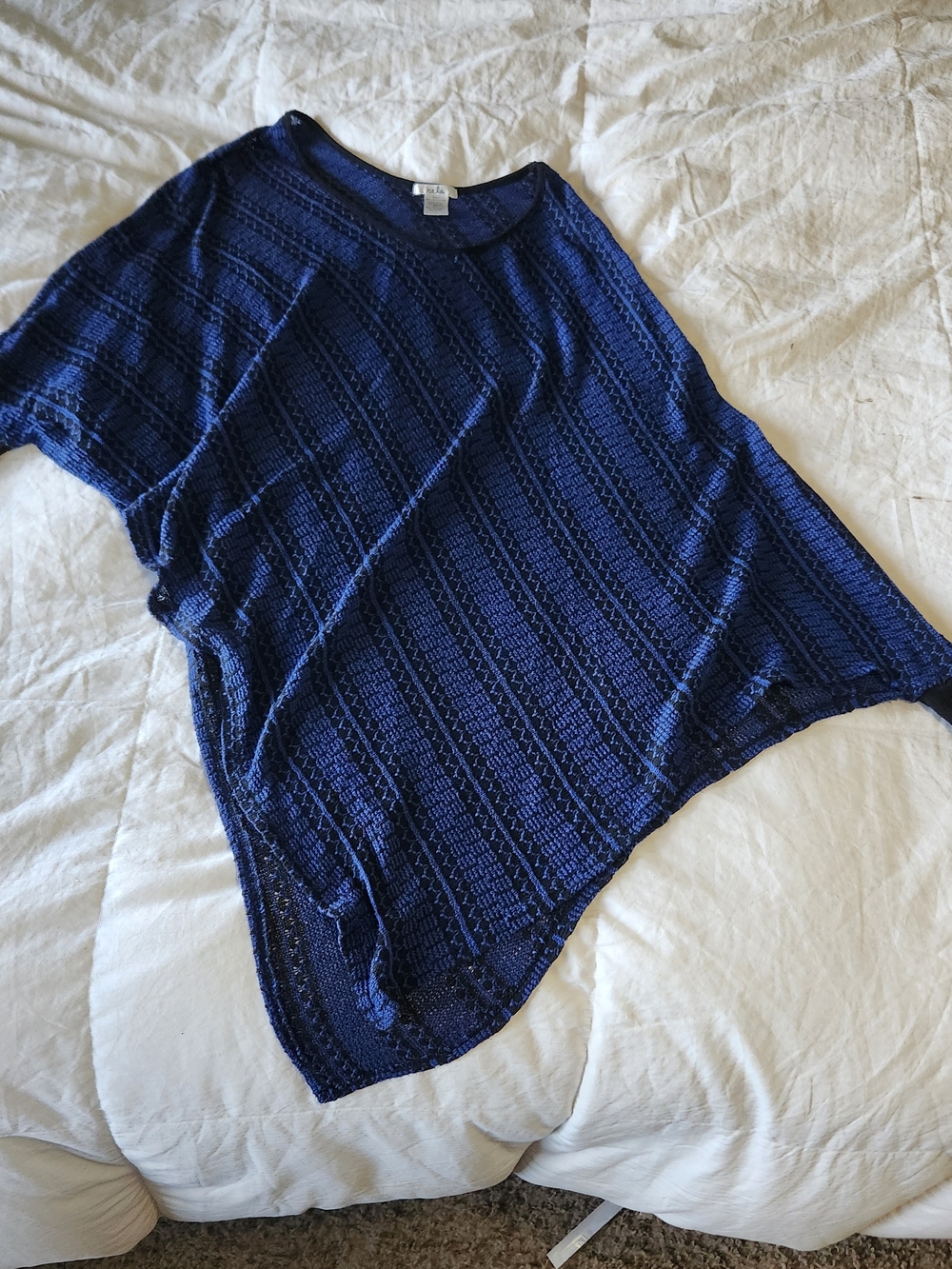 Women's Navy Blue Open-Knit Short Sleeve Sweater Poncho